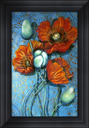 Framed Orange Poppies on Blue Print