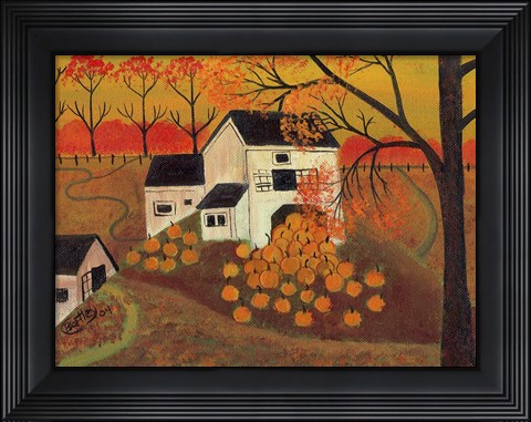 Framed Pumpkin Barn Autumn Folk Art Print