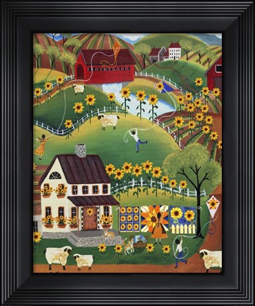 Framed Primitive Quilt Maker House Sunflower Sheep Print