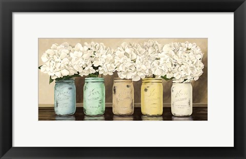 Framed Hydrangeas in Mason Jars Print