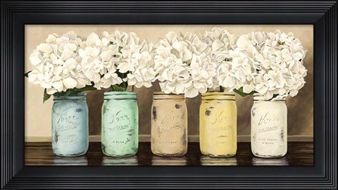 Framed Hydrangeas in Mason Jars Print