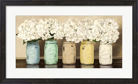 Framed Hydrangeas in Mason Jars Print