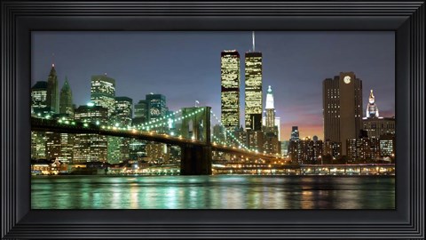 Framed Brooklyn Bridge and Twin Towers at Night Print