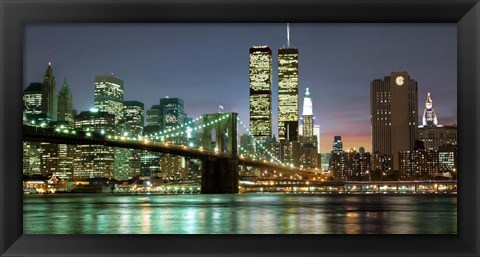 Framed Brooklyn Bridge and Twin Towers at Night Print