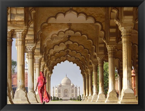 Framed Woman in traditional Sari walking towards Taj Mahal Print