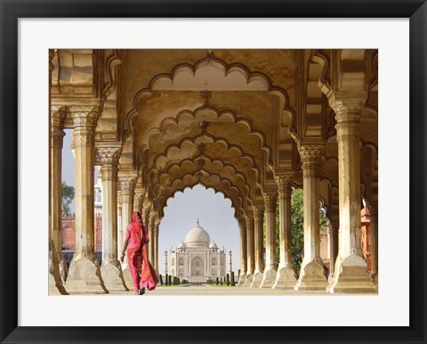 Framed Woman in traditional Sari walking towards Taj Mahal Print