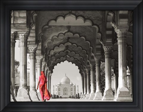 Framed Woman in traditional Sari walking towards Taj Mahal (BW) Print