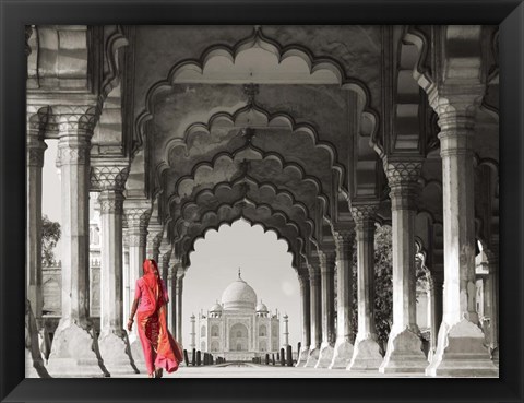 Framed Woman in traditional Sari walking towards Taj Mahal (BW) Print