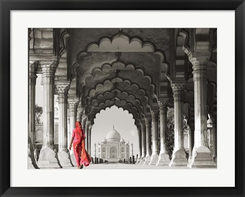 Framed Woman in traditional Sari walking towards Taj Mahal (BW) Print