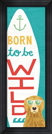 Framed Beach Bums Golden Surf Board Print