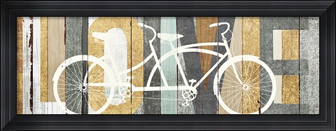 Framed Beachscape Tandem Bicycle Love Gold Neutral Print