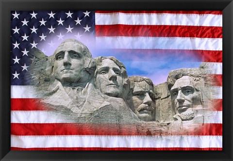 Framed American flag and Mt Rushmore National Monument, South Dakota Print