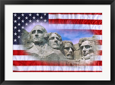 Framed American flag and Mt Rushmore National Monument, South Dakota Print