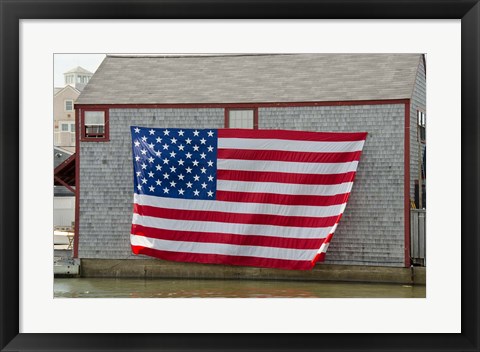 Framed Massachusetts, Nantucket, Flag on boathouse Print