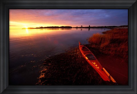 Framed Kayak and Sunrise in Little Harbor in Rye, New Hampshire Print