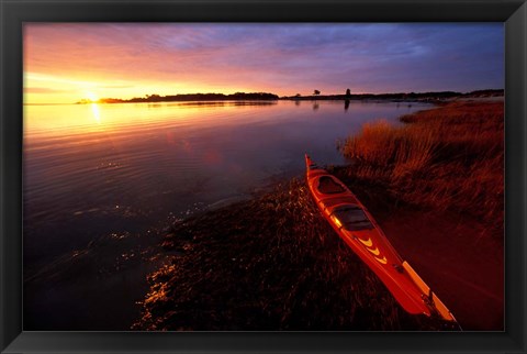 Framed Kayak and Sunrise in Little Harbor in Rye, New Hampshire Print