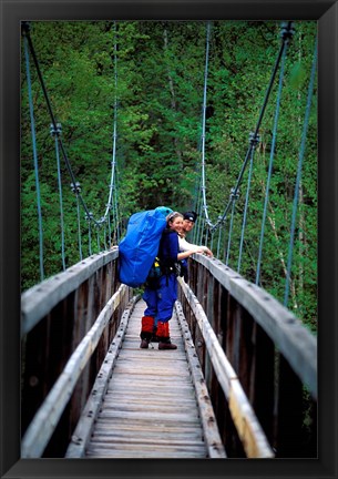 Framed Hikers on a Footbridge Across Pemigewasset River, New Hampshire Print