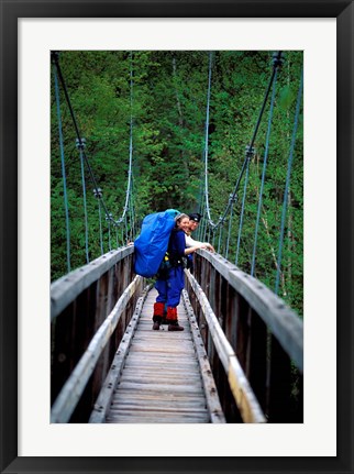 Framed Hikers on a Footbridge Across Pemigewasset River, New Hampshire Print