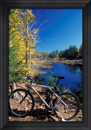Framed Mountain Bike at Beaver Pond in Pawtuckaway State Park, New Hampshire Print