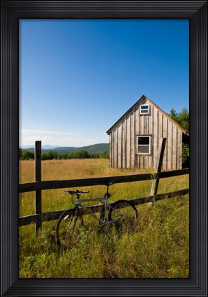 Framed Mountain bike and barn on Birch Hill, New Durham, New Hampshire Print