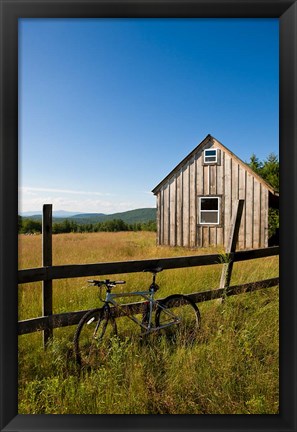 Framed Mountain bike and barn on Birch Hill, New Durham, New Hampshire Print