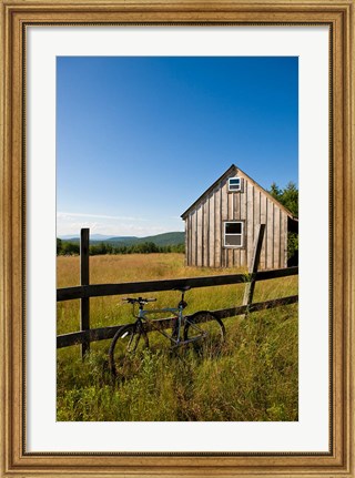 Framed Mountain bike and barn on Birch Hill, New Durham, New Hampshire Print