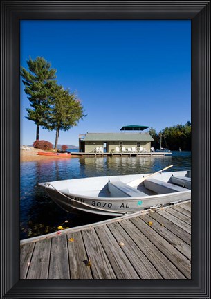 Framed Skiff and boathouse at Oliver Lodge on Lake Winnipesauke, Meredith, New Hampshire Print