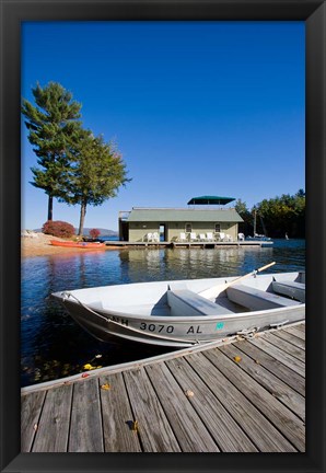 Framed Skiff and boathouse at Oliver Lodge on Lake Winnipesauke, Meredith, New Hampshire Print