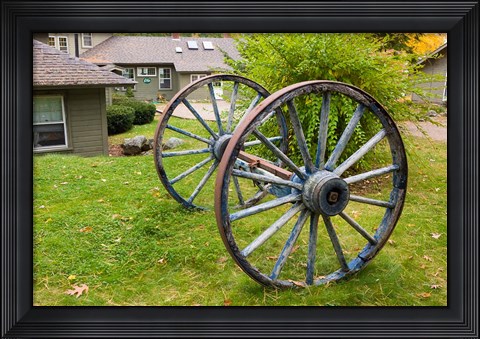 Framed Wagon wheels at Oliver Lodge on Lake Winnipesauke, Meredith, New Hampshire Print