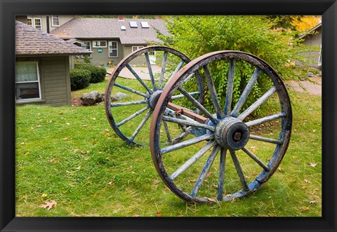 Framed Wagon wheels at Oliver Lodge on Lake Winnipesauke, Meredith, New Hampshire Print