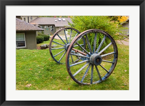 Framed Wagon wheels at Oliver Lodge on Lake Winnipesauke, Meredith, New Hampshire Print