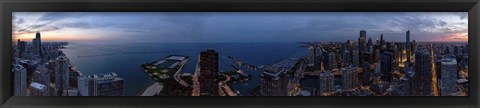 Framed Aerial View of a City at Dusk, Lake Michigan, Illinois Print