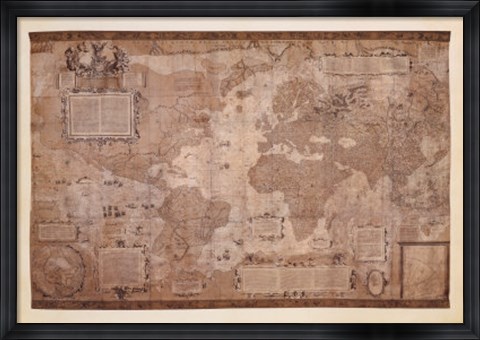 Framed Map World-Antique Paper 1500&#39;s Print