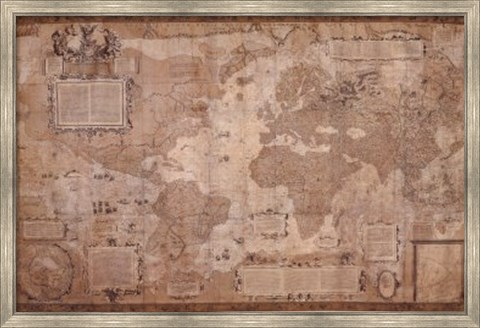 Framed Map World-Antique Paper 1500&#39;s Print