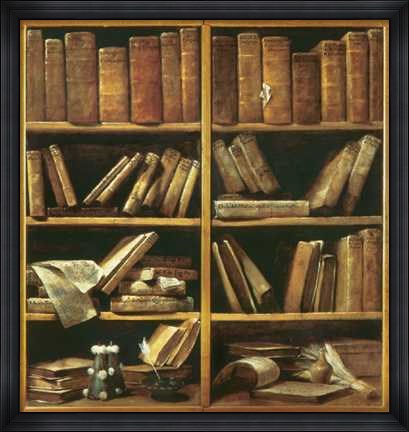 Framed Scaffali con Libri di Musica Print