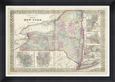 Framed Johnson's Map of New York Print
