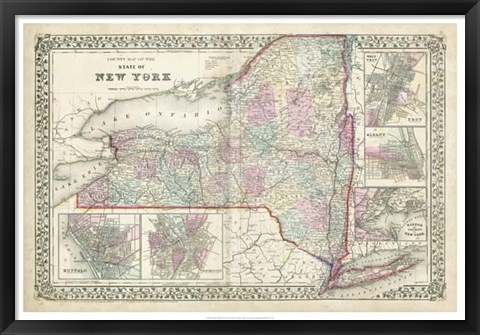 Framed Johnson&#39;s Map of New York Print