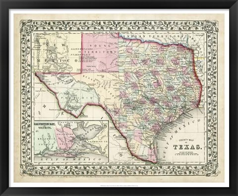 Framed Johnson&#39;s Map of Texas Print