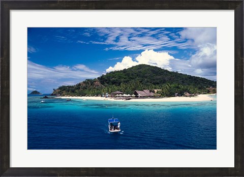 Framed Boat Approaching Castaway Island Resort, Mamanuca Islands, Fiji Print