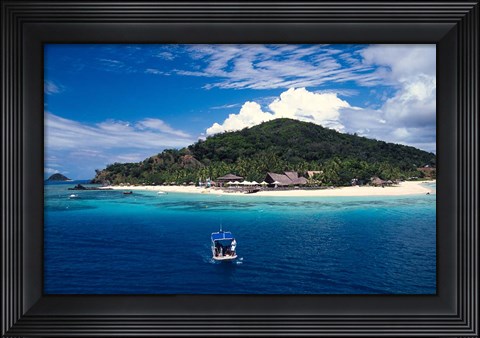 Framed Boat Approaching Castaway Island Resort, Mamanuca Islands, Fiji Print