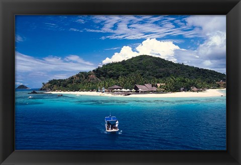 Framed Boat Approaching Castaway Island Resort, Mamanuca Islands, Fiji Print