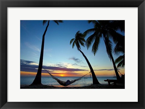 Framed Hammock and sunset, Plantation Island Resort, Malolo Lailai Island, Mamanuca Islands, Fiji Print