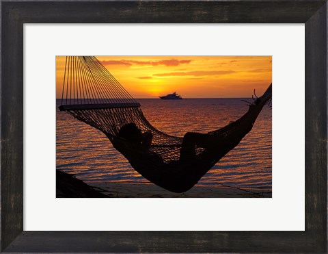 Framed Beach hammock, Plantation Island, Malolo Lailai, Fiji Print