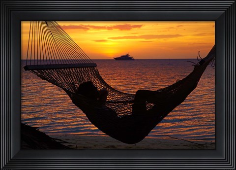 Framed Beach hammock, Plantation Island, Malolo Lailai, Fiji Print