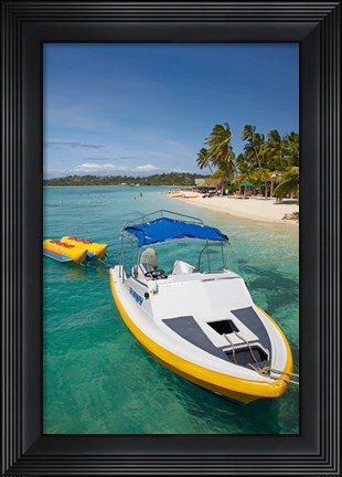 Framed Powerboat and banana boat, Plantation Island Resort, Malolo Lailai Island, Mamanuca Islands, Fiji Print