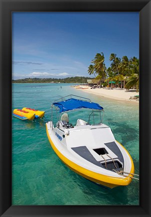 Framed Powerboat and banana boat, Plantation Island Resort, Malolo Lailai Island, Mamanuca Islands, Fiji Print