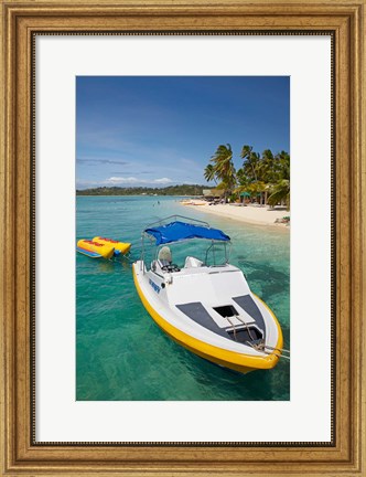 Framed Powerboat and banana boat, Plantation Island Resort, Malolo Lailai Island, Mamanuca Islands, Fiji Print