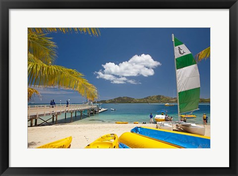 Framed Jetty, boats and hobie cat, Plantation Island Resort, Malolo Lailai Island, Mamanuca Islands, Fiji Print