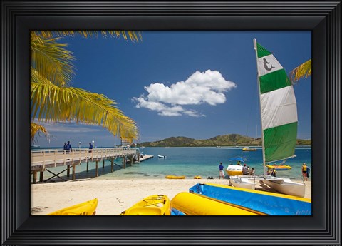 Framed Jetty, boats and hobie cat, Plantation Island Resort, Malolo Lailai Island, Mamanuca Islands, Fiji Print