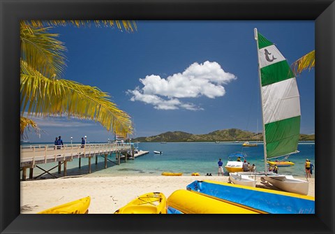 Framed Jetty, boats and hobie cat, Plantation Island Resort, Malolo Lailai Island, Mamanuca Islands, Fiji Print